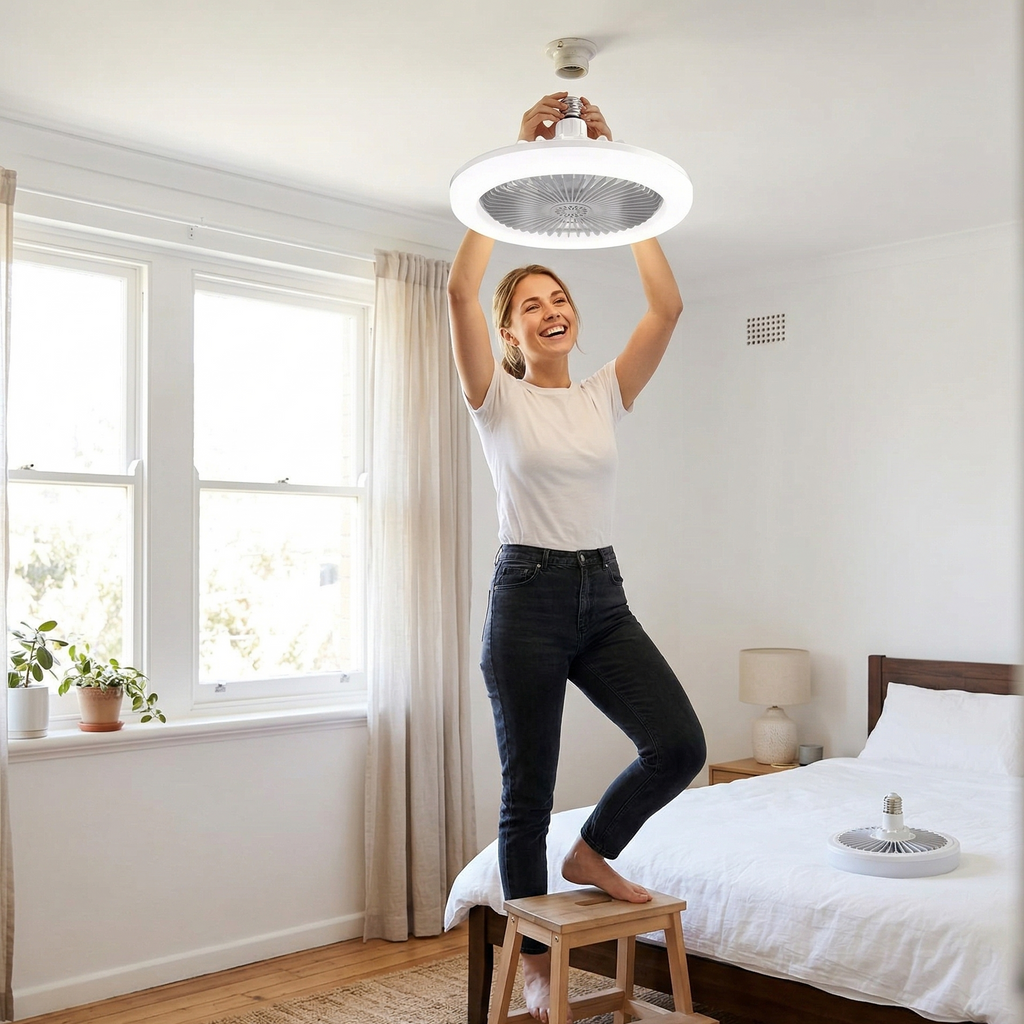 Rotatable Ceiling Fan with Light & Remote Control — E27 Screw In, No Wiring Required