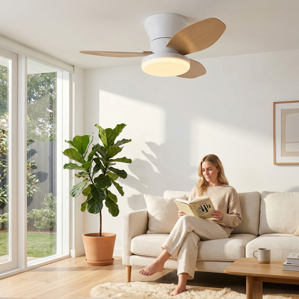 Nordic Ceiling Fan with LED Light — Silent, Remote Control, Scandi Style, 4 Colour Options