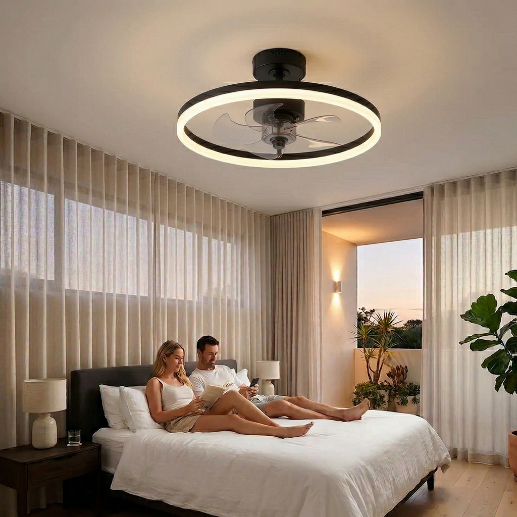 Modern Halo Ceiling Fan with LED Light — Silent, Dimmable, Remote Control, Summer & Winter Mode